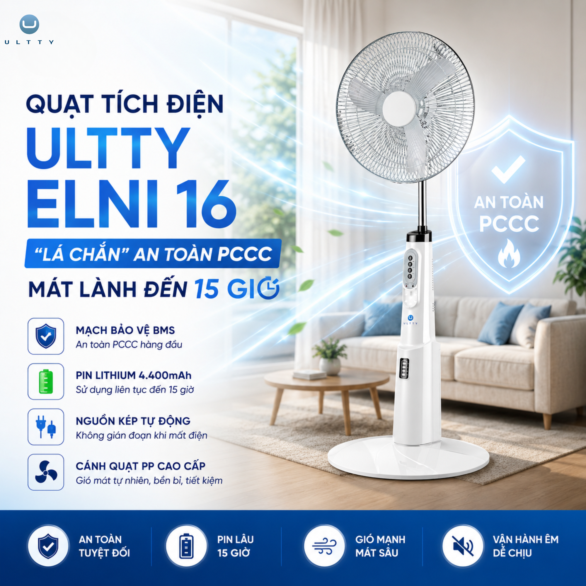Quạt Tích Điện ULTTY ELNI 16: "Lá Chắn" An Toàn Phòng Cháy Chữa Cháy, Mát Đến 15 Gi