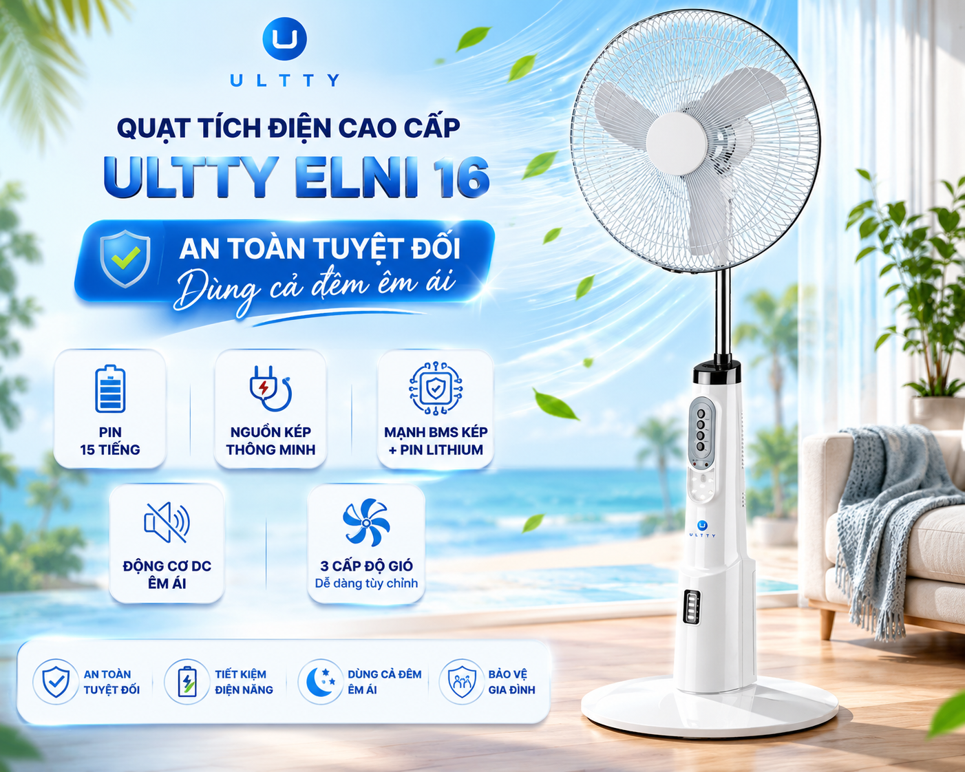 ULTTY ELNI 16 - Quạt Tích Điện Thông Minh 2 Trong 1 Cho Gia Đình Hiện Đại